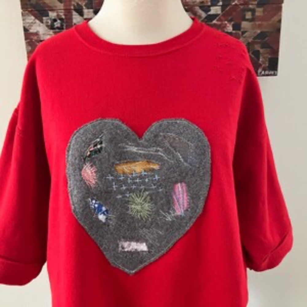 One-of-a-Kind Reworked Red Sweatshirt • Wool Mended Heart - Picture 3 of 4